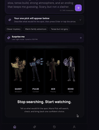 Movie Pick searching for and presenting one personalized movie