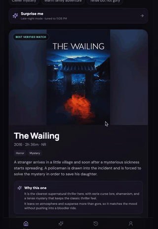 Movie Pick presenting one verified movie with its supporting details and viewing actions