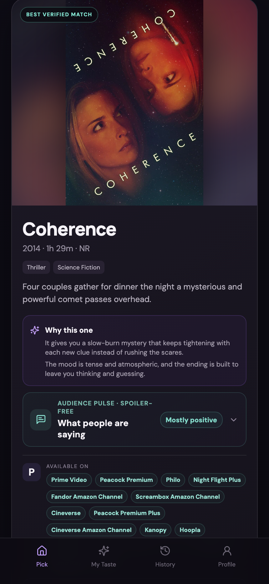 Movie Pick result showing one verified movie, why it fits, audience sentiment, and where it is available